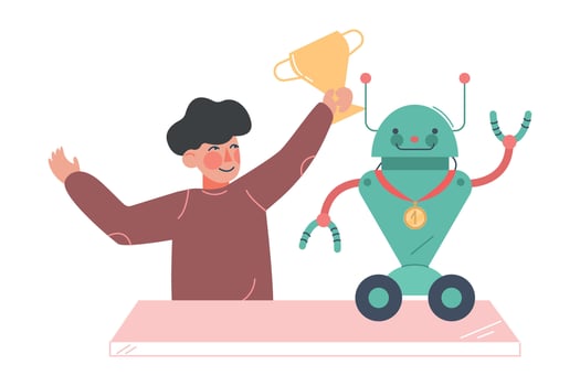 Boy Celebrating His Victory at Robotics Competition Cartoon Style Illustration vector