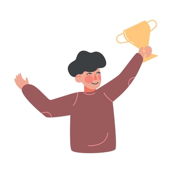 Boy Celebrating His Victory with Gold Winner Cup Cartoon Style Illustration vector