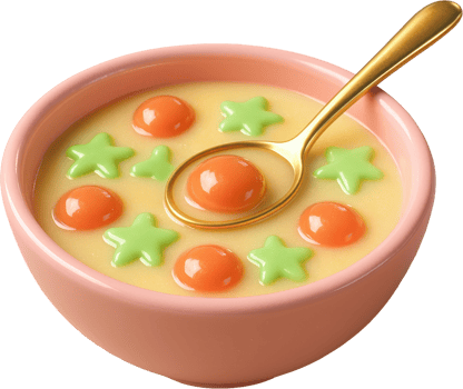 Whimsical creamy soup with colorful star and round shapes in pink bowl png