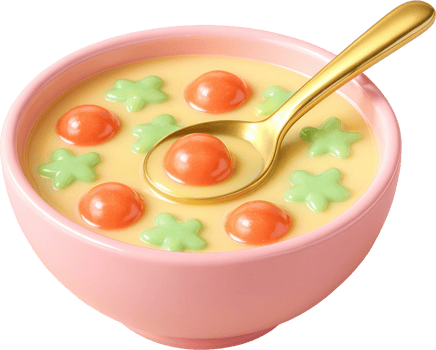Pastel pink bowl of creamy yellow dessert with colorful candies and golden spoon png