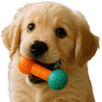 Fluffy golden retriever puppy playfully chewing bright squeaky toy png
