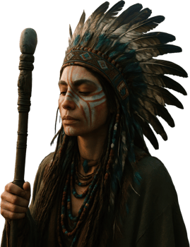 Indigenous woman shaman with feather headdress and face paint png