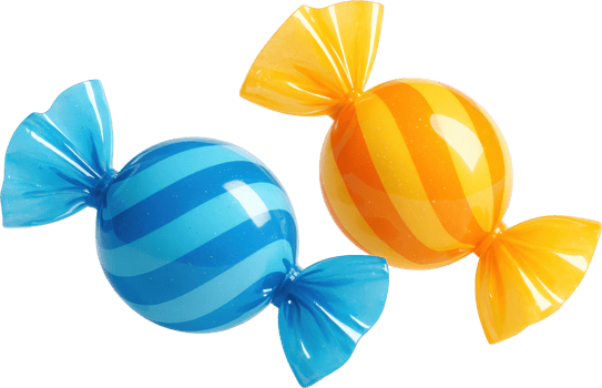 Vibrant striped candies in glossy blue and orange wrappers png