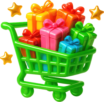 Vibrant green shopping cart full of colorful gift boxes and stars png