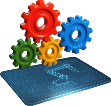 Colorful interlocking gears above robotic arm blueprint png