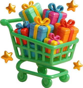 Vibrant green shopping cart overflowing with colorful gift boxes png