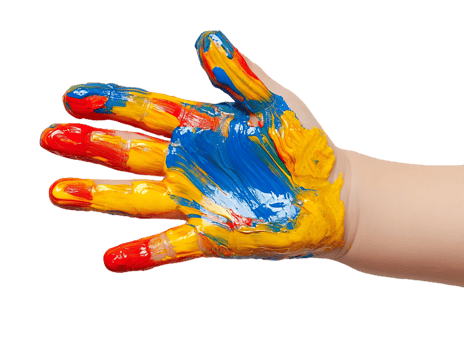 Child hands covered in bright colorful paint from art project png
