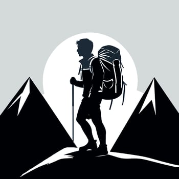 Black and White Hiking Explorer Silhouette on Mountain Top with Backpack vector