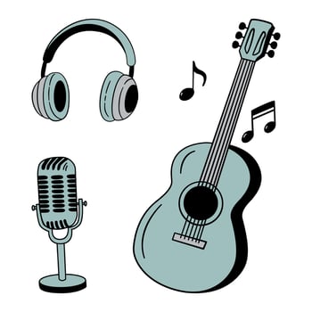 Guitar musical instruments and audio equipment in a clean, hand-drawn outline style with flat, muted blue-green colors, a pair of over-ear headphones, a vintage-style vector