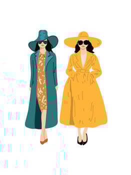 two stylish women in bright coats, hats, and glasses illustration vector