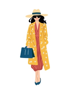 elegant young woman in coat and hat illustration vector