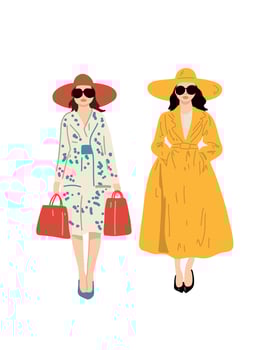 fashionable womans with shopping bags in coat and hat full body illustration vector