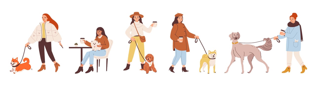 Women with dogs in different scenarios vector