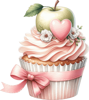 Decorative cupcake with heart shaped apple and flower png