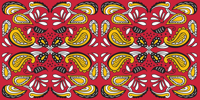African ethnic paisley red, yellow pattern. seamless beautiful Kitenge, chitenge, dutch wax style. fashion design in red paisley. botanical abstract motif. floral Ankara prints, African wax prints. vector