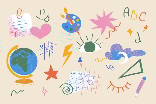 A whimsical educational design element set featuring a palette of eyes, hearts, globes and ABCs in a colorful abstract style. Perfect for school posters, kids learning printables and classroom learnin vector