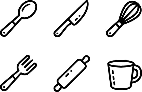Kitchen Utensils Set Spoon Knife Whisk Fork Rolling Pin Mug vector