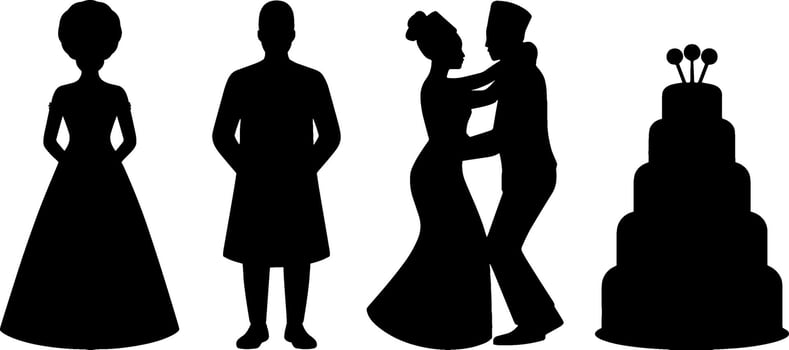 Black Wedding Couple Dancing Bride Groom Silhouettes and Cake vector