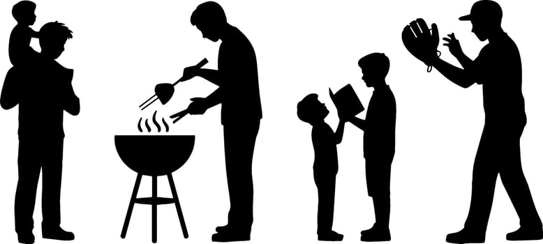 Family Silhouettes Father Son Playing Baseball Barbecue Cooking Outdoors vector
