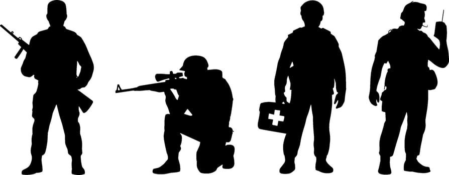 Military Soldier Silhouettes Infantry Medic Radio Communication vector