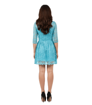Woman Wearing Turquoise Lace Dress Posing Back View png