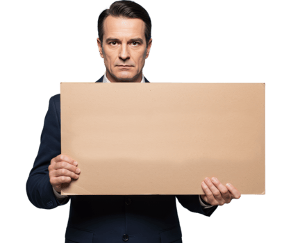 Serious Man Holding Blank Cardboard Sign Isolated on Transparent Background png