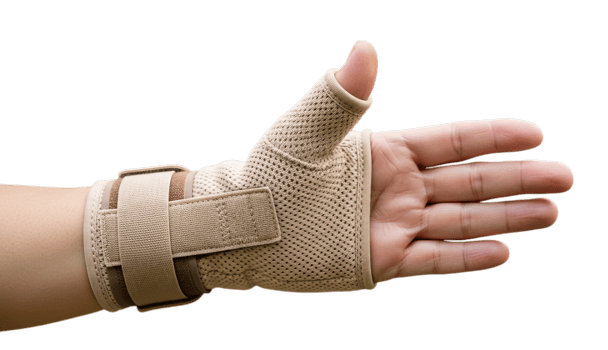 Human Hand Wearing Beige Wrist Support Glove With Thumb Up png