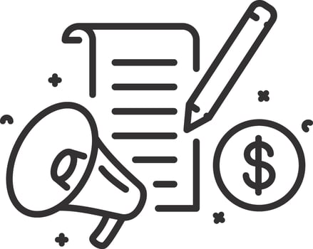 content marketing icon, digital advertising, megaphone with business blog, social media marketing, linear sign isolated on white background - editable illustration eps10 vector
