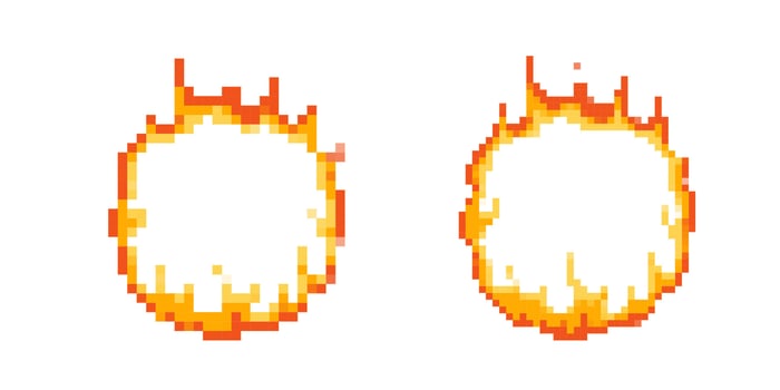 Mosaic pixel art fire icon set in retro 8 bit game style with vibrant flames vector