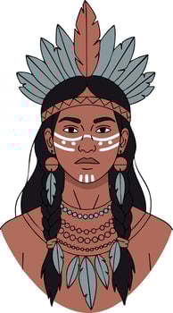 Native American woman with traditional face paint and feather headdress in style illustration vector