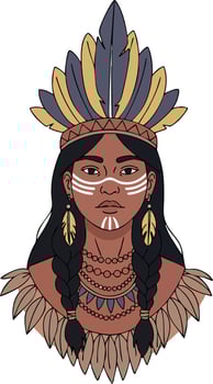 Native American woman portrait with traditional feather headdress and face paint in style illustration vector