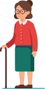 Elderly woman standing with walking cane wearing red sweater and green skirt casual attire illustration vector