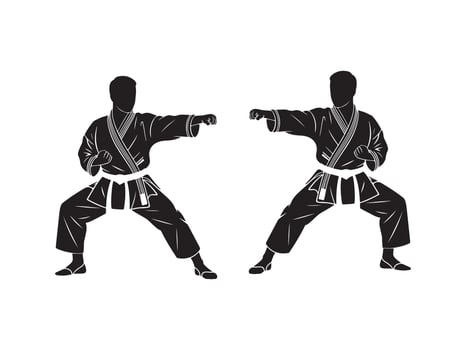Two Black Silhouetted Karate Practitioners in Fighting Stance vector