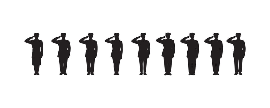 Black Silhouettes of Saluting Military Personnel in Uniform on White Background vector