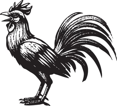 Illustration of a crowing rooster in vintage stipple engraving style isolated vector