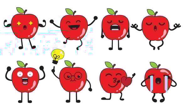 Cute Red Apple Characters with Funny Expressions and Emotions Cartoon Fruit Icons Set for Kids, Education, Healthy Food, and Emoji Concepts vector