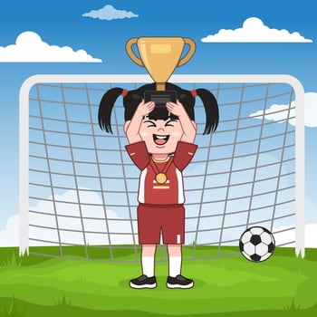 Cute Chinese Girl Cartoon Character Playing Football Lifting Trophy vector