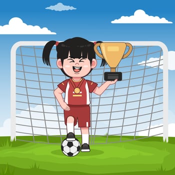 Cute Chinese Girl Cartoon Character Playing Football Champion vector
