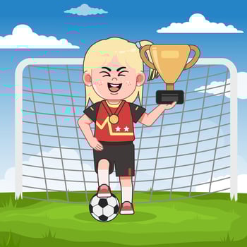Cute Blonde Girl Cartoon Character Playing Football Champion Winner vector
