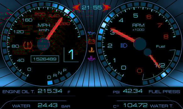 Car dashboard, modern automobile control panel with backlight, speed display, bright illustration with red arrows and digital values. vector