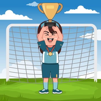 Cute Girl Character Playing Football Lifting Trophy vector