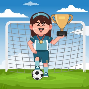 Cute Girl Cartoon Character Playing Football Champion Trophy vector