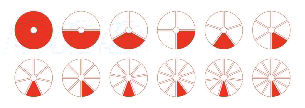 Circles divided diagrams 1, 2, 3, 10, 7, 8, 9, 10, 11, 12 equal parts. Red segments wheel round divide infographic. Graph pie, pizza shape section charts simple icons. Coaching blank template. vector