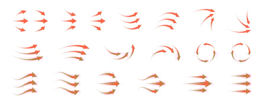 Airflow icon set featuring circular arrows, heat waves and wind streams. Red symbols for ventilation, AC, purifier or climate control illustration. Clean and modern design. vector