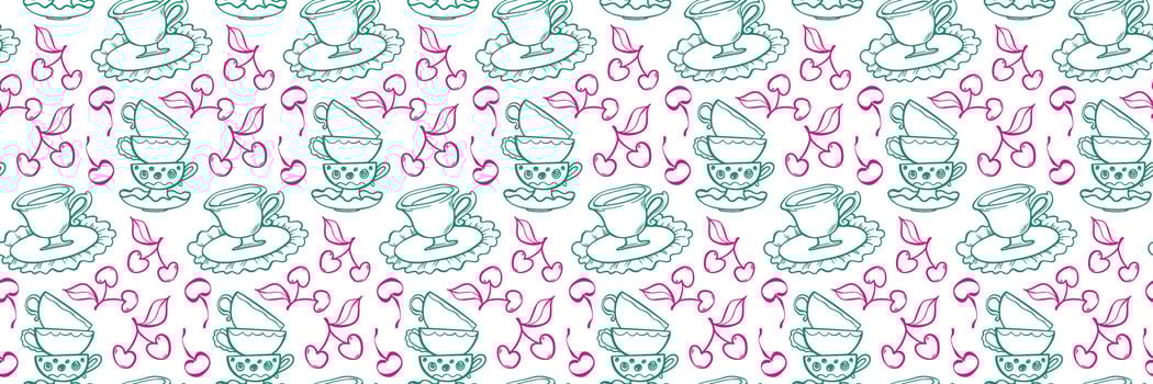 Whimsical seamless pattern with tea cups, cherries, and plates. Vintage Tea Time with Cherries. Ideal for packaging, fabric, stationery, and branding. Hand drawn illustration in doodle style. vector
