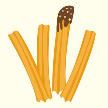 Churros, sweet pastry snack with chocolate topping and sprinkles. For dessert menus, street food illustrations. vector