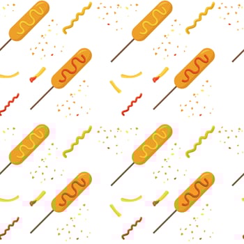 Seamless pattern corn dogs with ketchup, mustard on sticks. For fast food packaging, street food festival designs, snack themed prints. vector