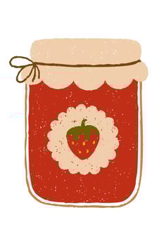 Rustic vintage strawberry jam jar with decorative label and twine tie. Chalk, crayon or pencil texture hand drawn design element vector