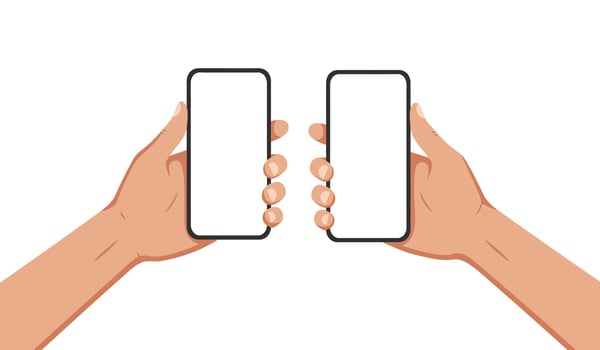 Flat cartoon hand holding white screen smartphone background vector