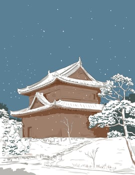 Motorikyu Nijo Castle in Kyoto Japan Ukiyo-e Retro Woodblock Style vector